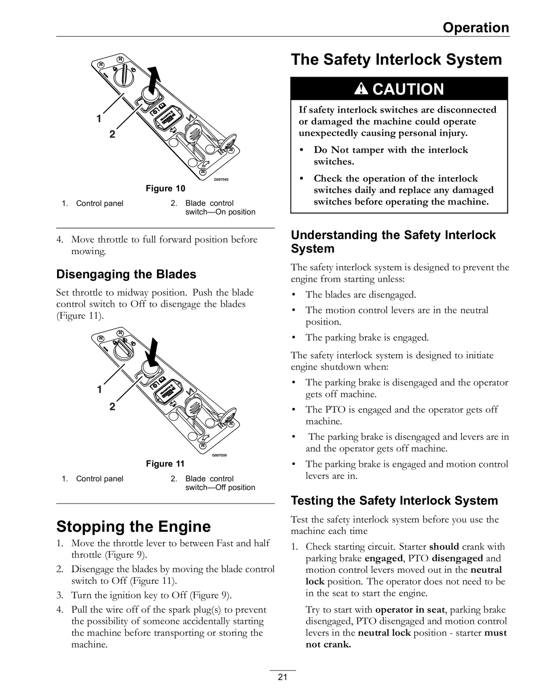 Exmark Lawn Mower manual Stopping the Engine, Safety Interlock System, Disengaging the Blades 