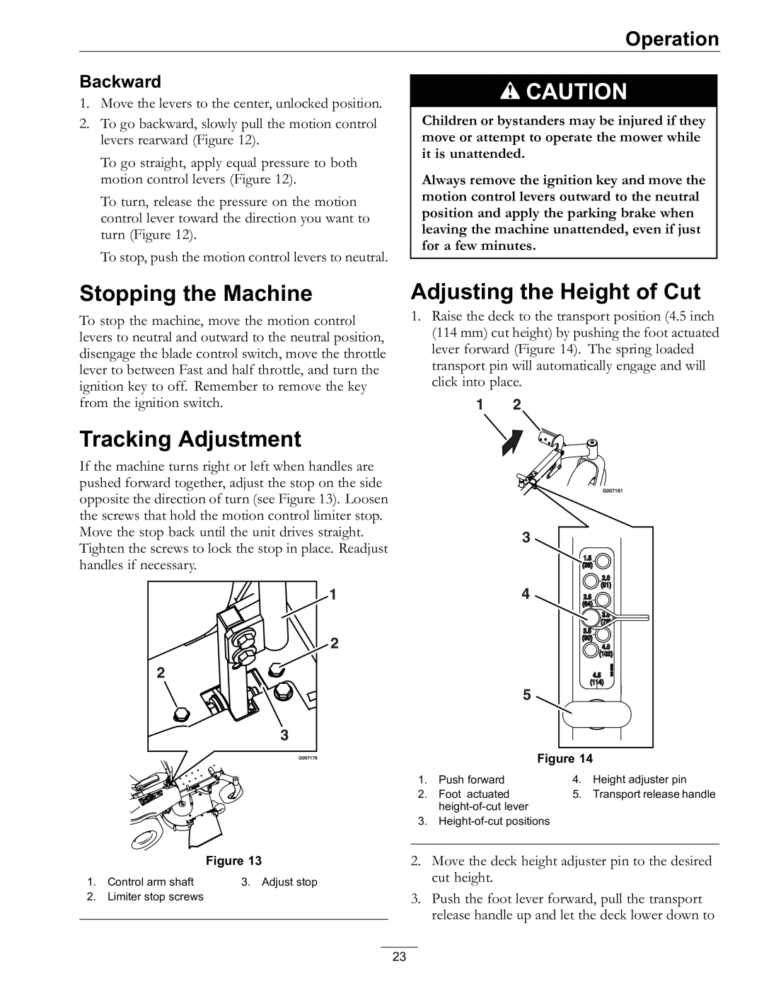 Exmark Lawn Mower manual Stopping the Machine, Adjusting the Height of Cut, Tracking Adjustment, Backward 