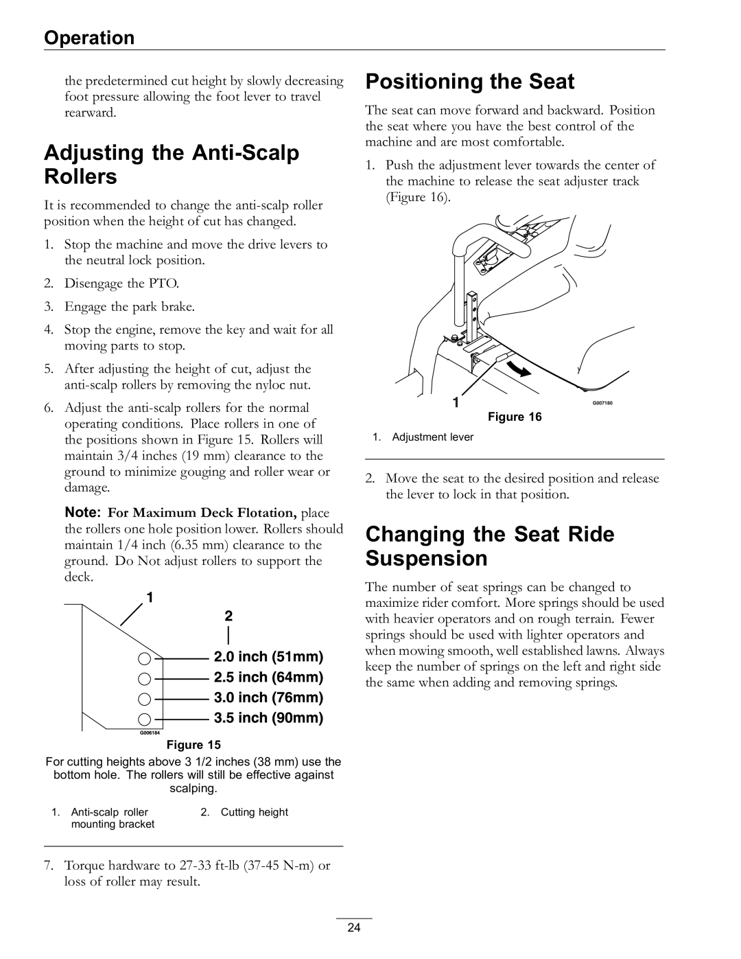 Exmark Lawn Mower manual Adjusting the Anti-Scalp Rollers, Positioning the Seat, Changing the Seat Ride Suspension 