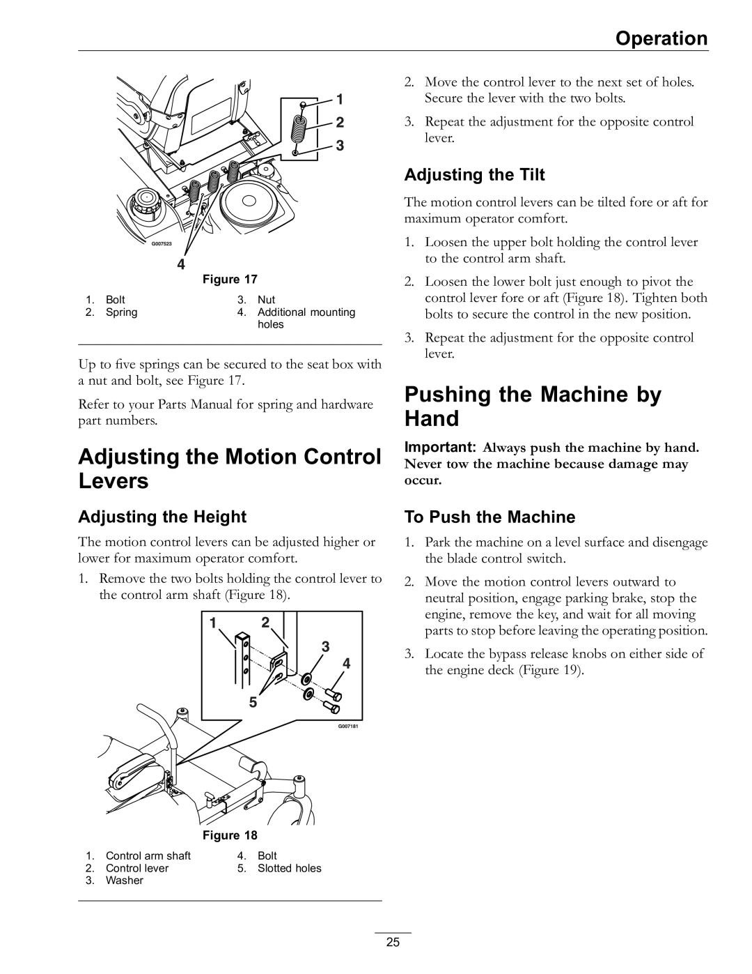 Exmark Lawn Mower manual Adjusting the Motion Control Levers, Pushing the Machine by Hand, Adjusting the Tilt 