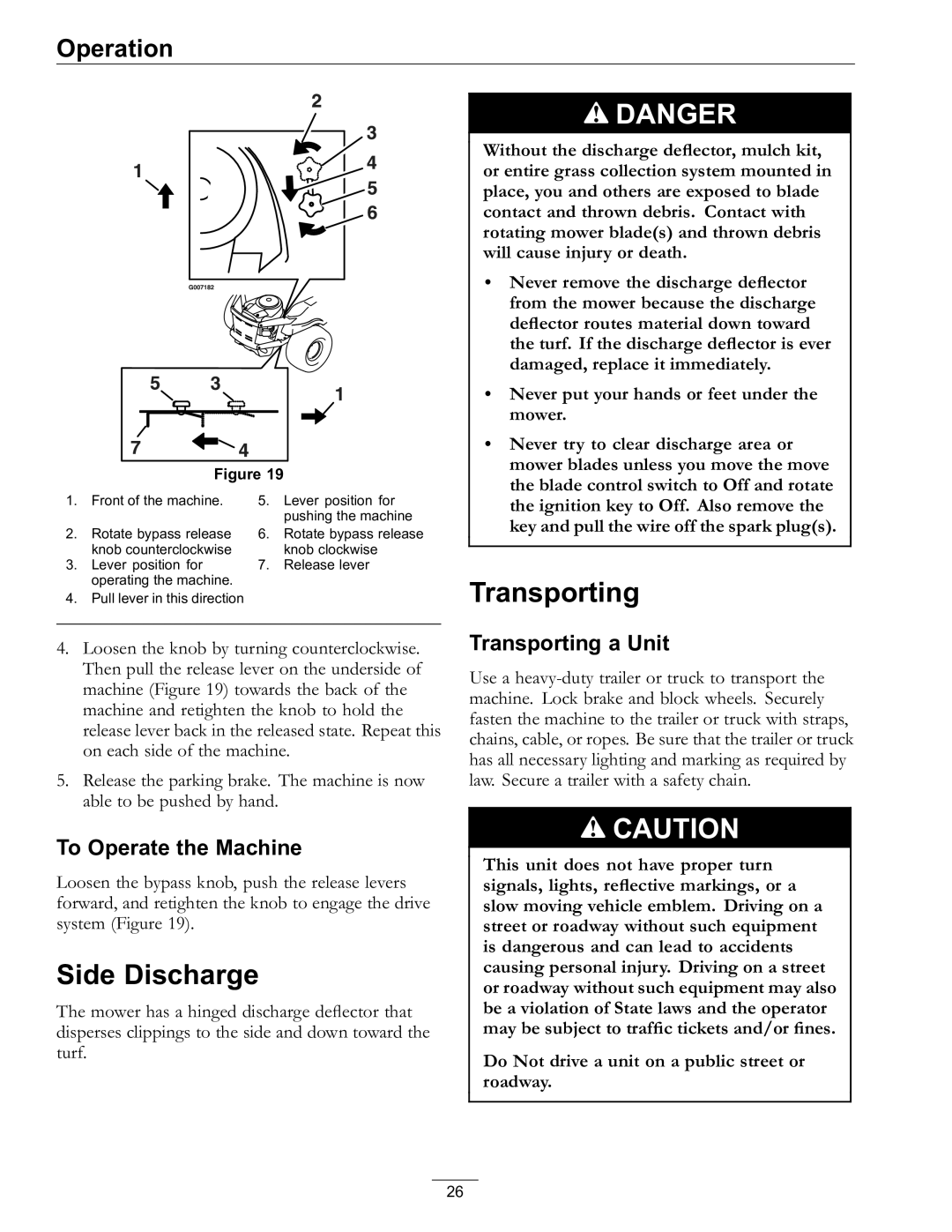 Exmark Lawn Mower manual Side Discharge, To Operate the Machine, Transporting a Unit 