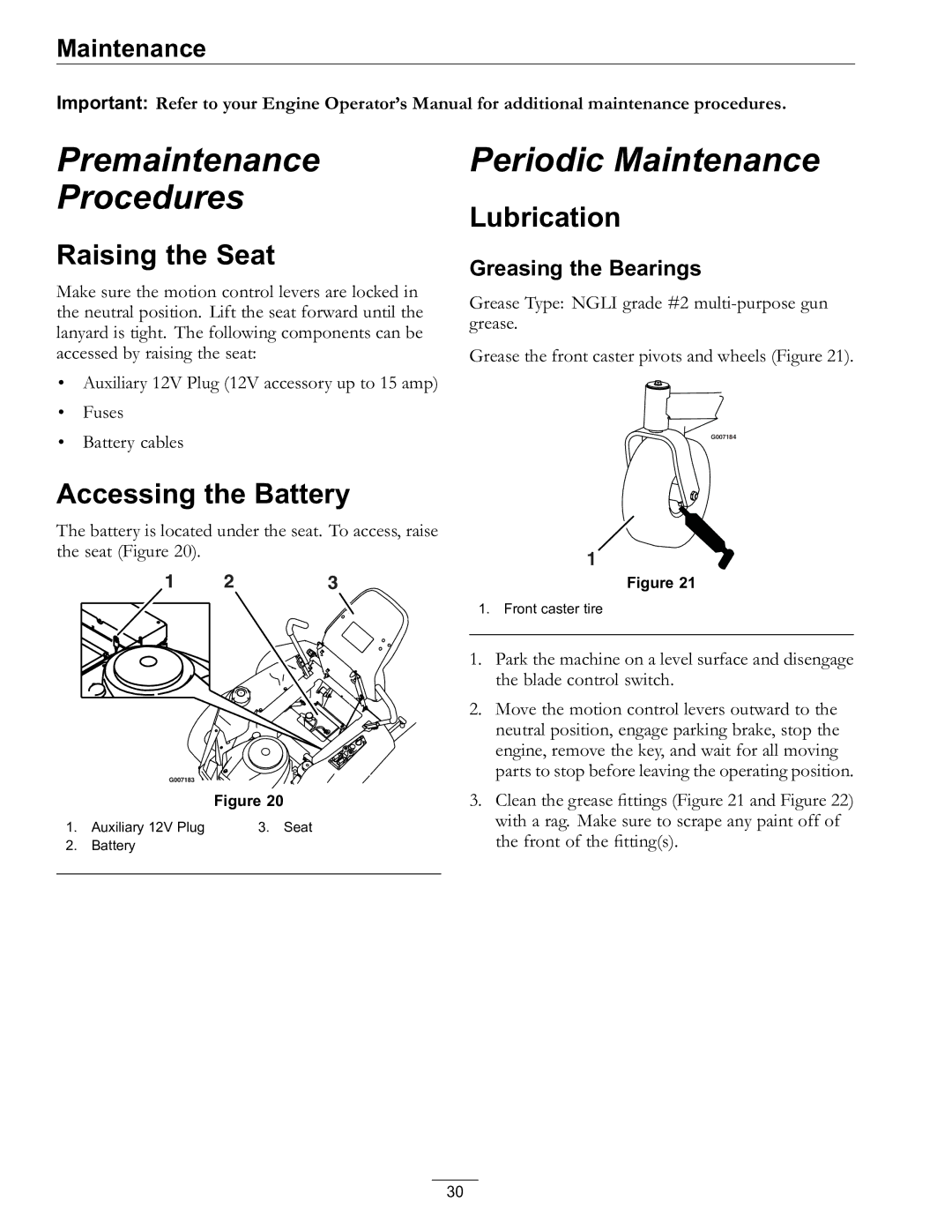 Exmark Lawn Mower manual Raising the Seat, Accessing the Battery, Lubrication, Greasing the Bearings 