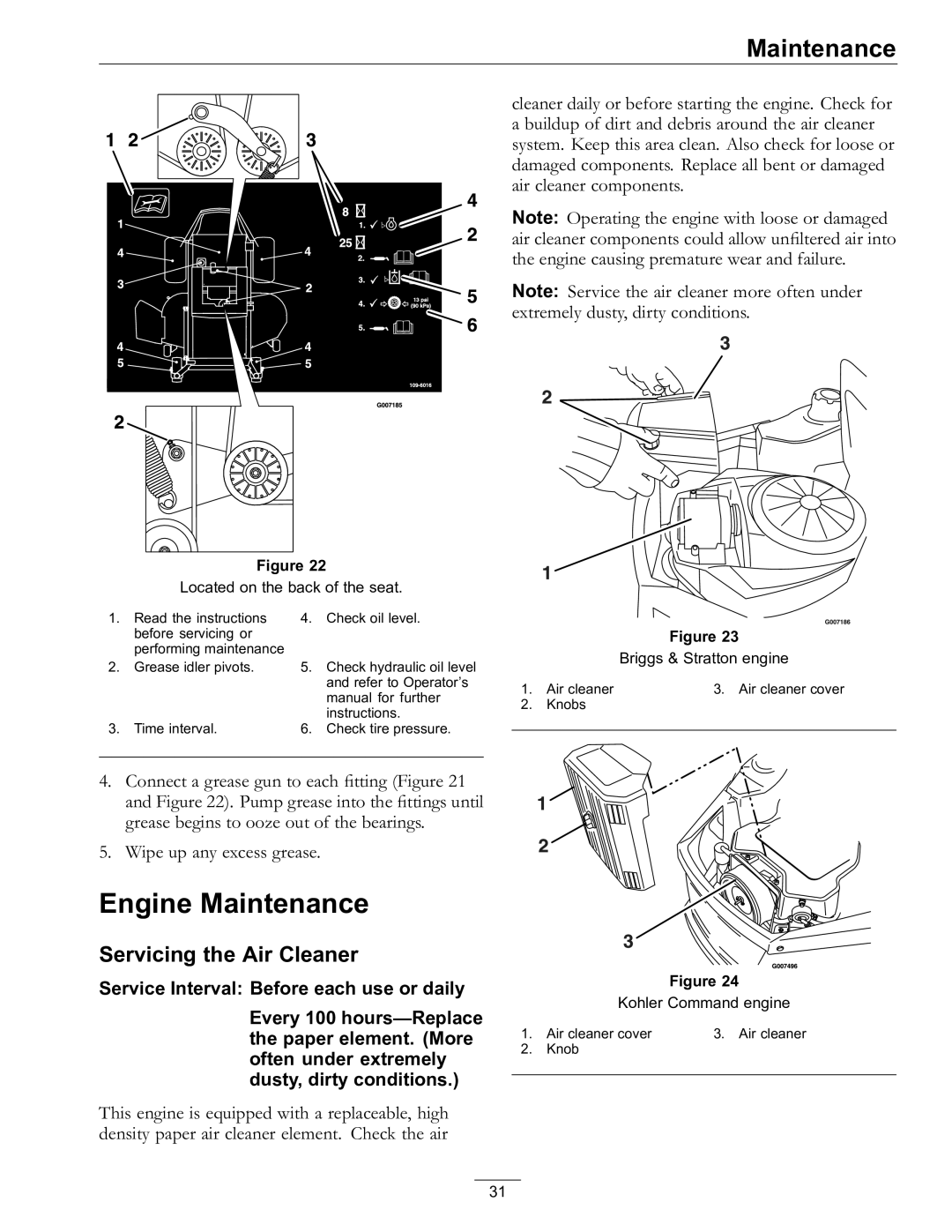 Exmark Lawn Mower manual Engine Maintenance, Servicing the Air Cleaner 