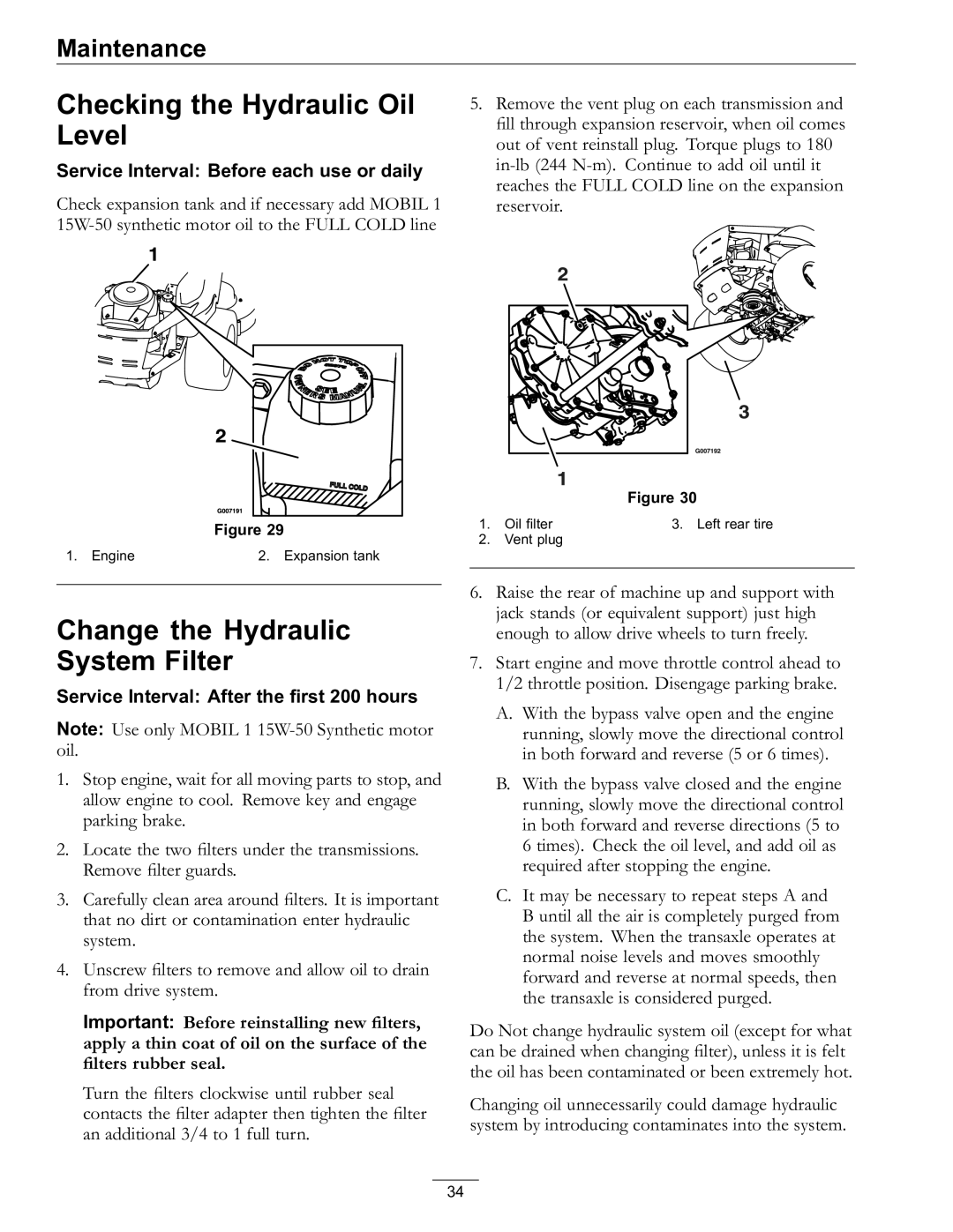 Exmark Lawn Mower manual Checking the Hydraulic Oil Level, Change the Hydraulic System Filter 