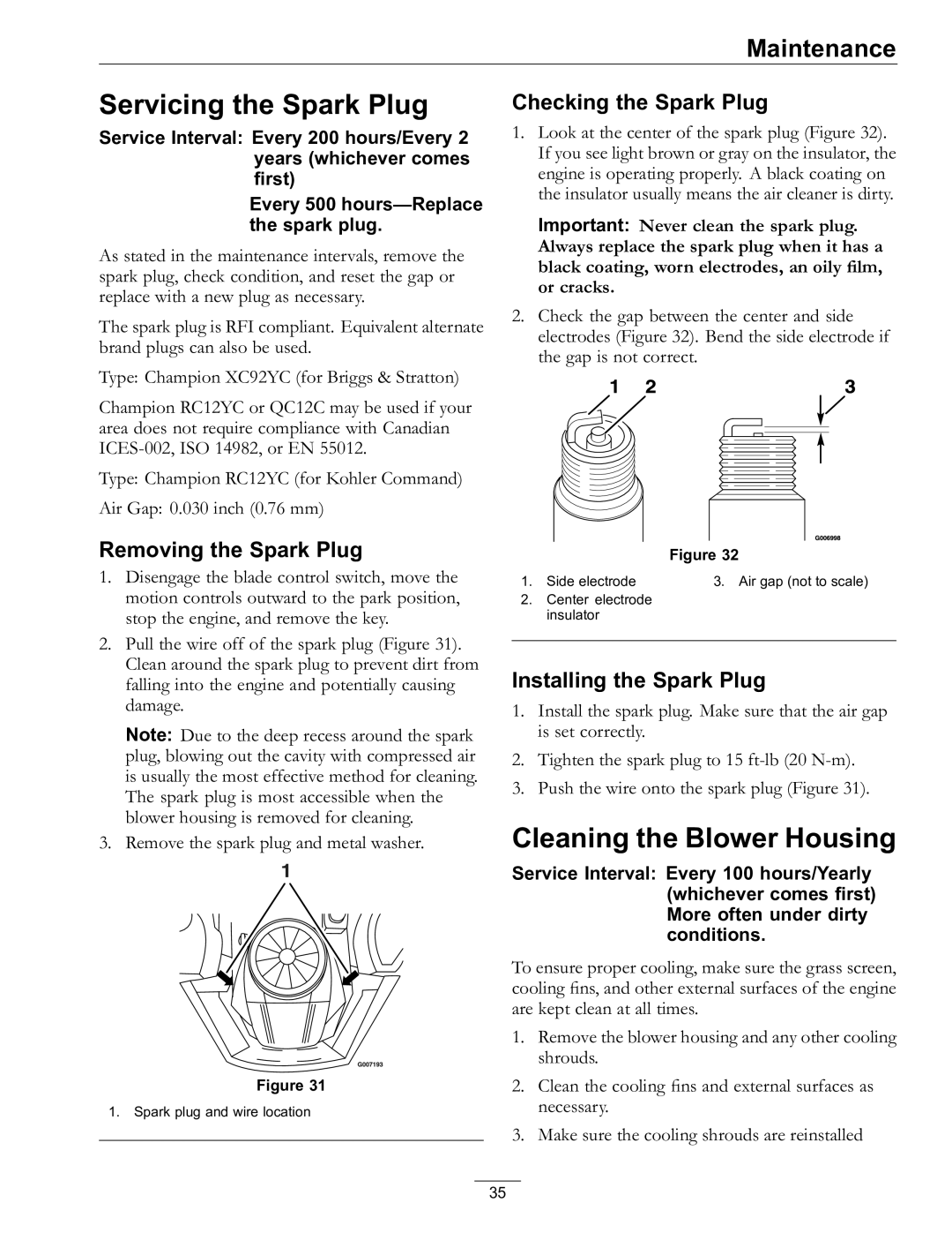 Exmark Lawn Mower Servicing the Spark Plug, Cleaning the Blower Housing, Removing the Spark Plug, Checking the Spark Plug 