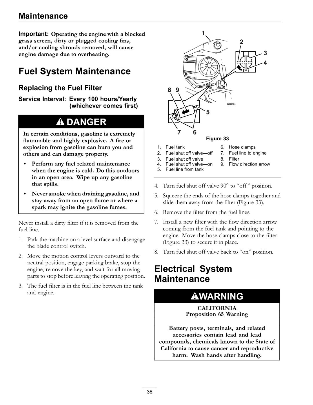 Exmark Lawn Mower manual Fuel System Maintenance, Electrical System Maintenance, Replacing the Fuel Filter 