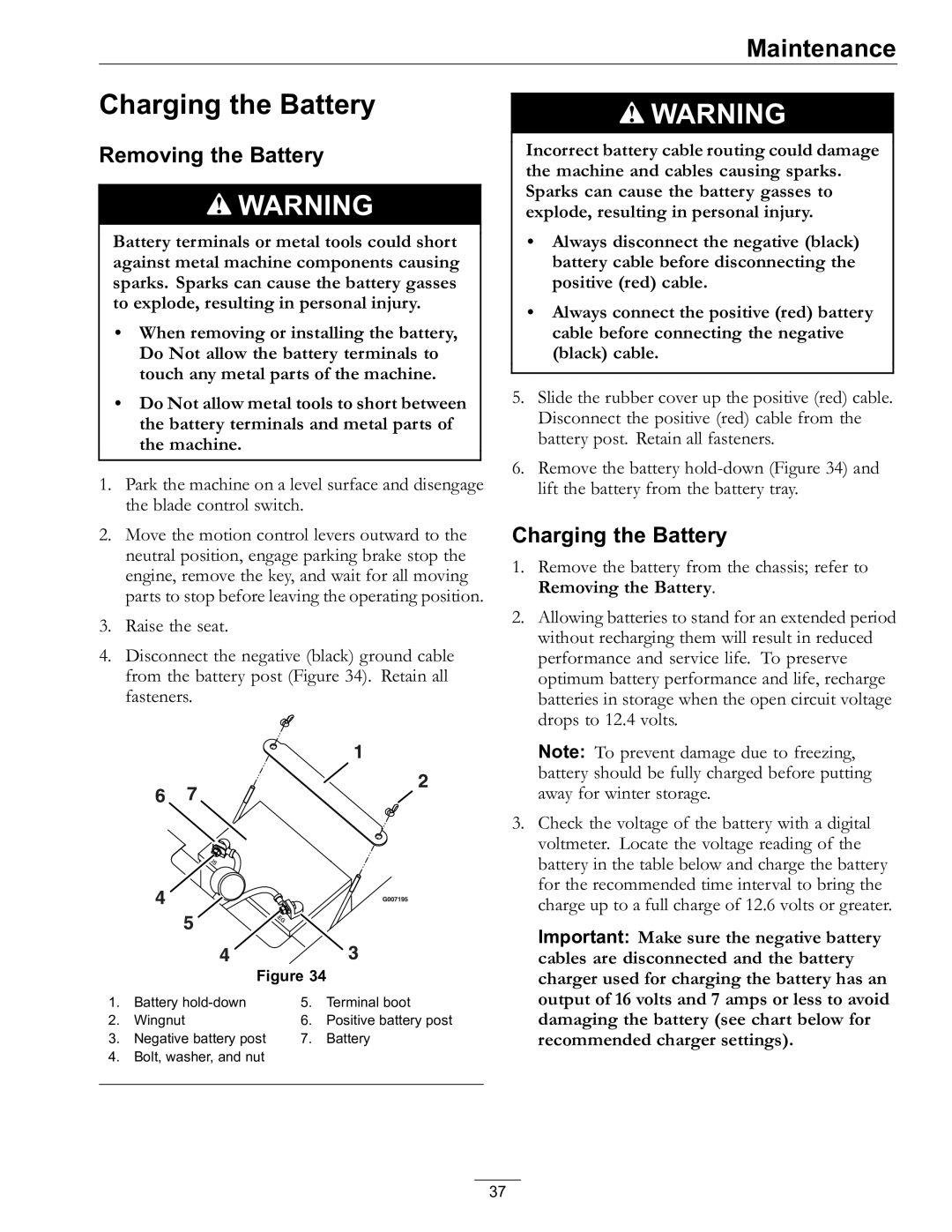 Exmark Lawn Mower manual Charging the Battery, Removing the Battery 