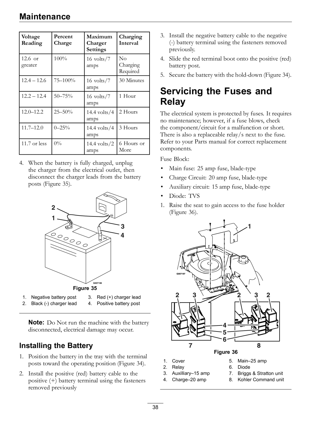 Exmark Lawn Mower manual Servicing the Fuses and Relay, Installing the Battery 