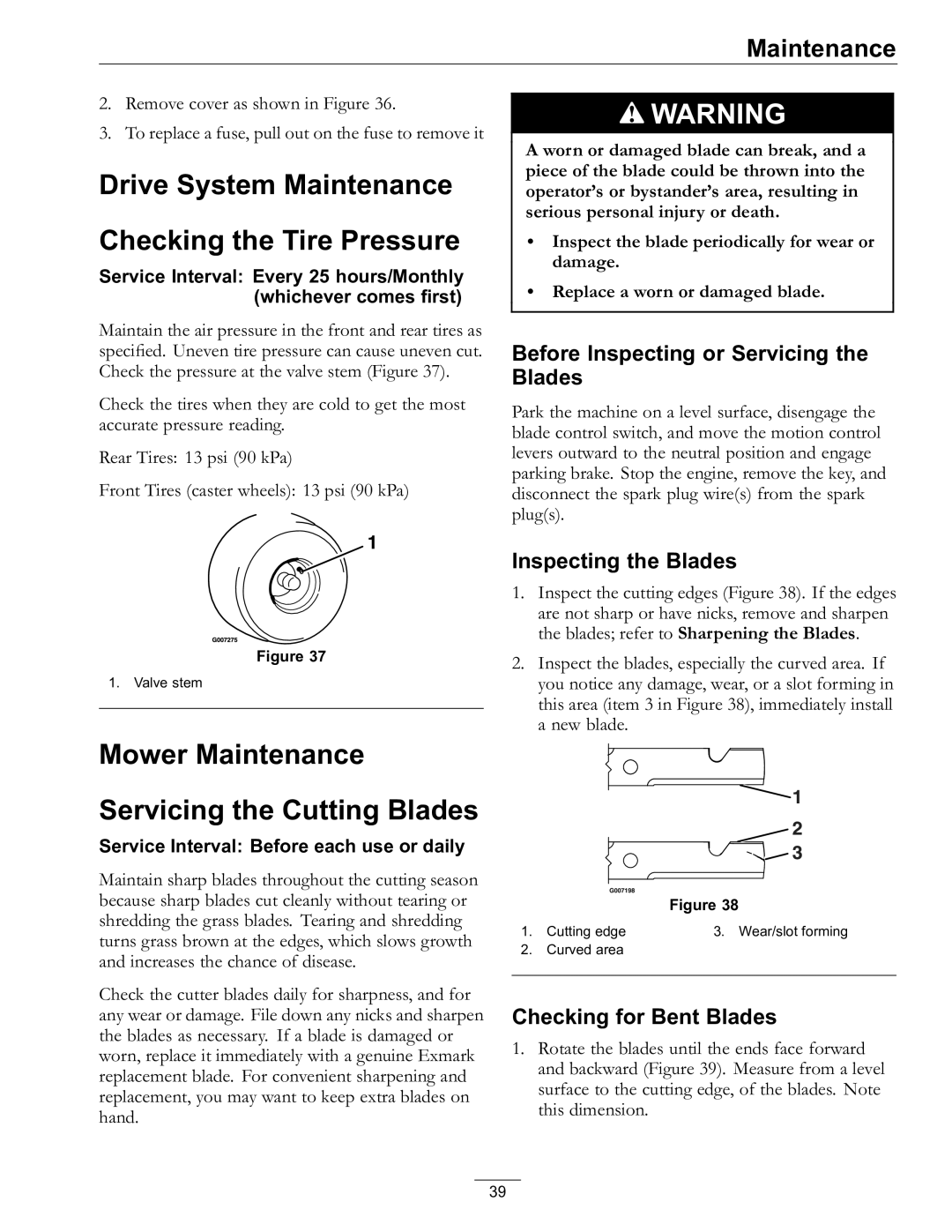 Exmark Lawn Mower Drive System Maintenance Checking the Tire Pressure, Mower Maintenance Servicing the Cutting Blades 