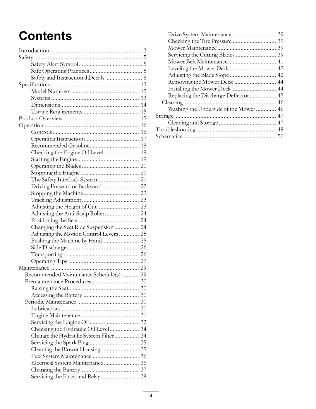 Exmark Lawn Mower manual Contents 