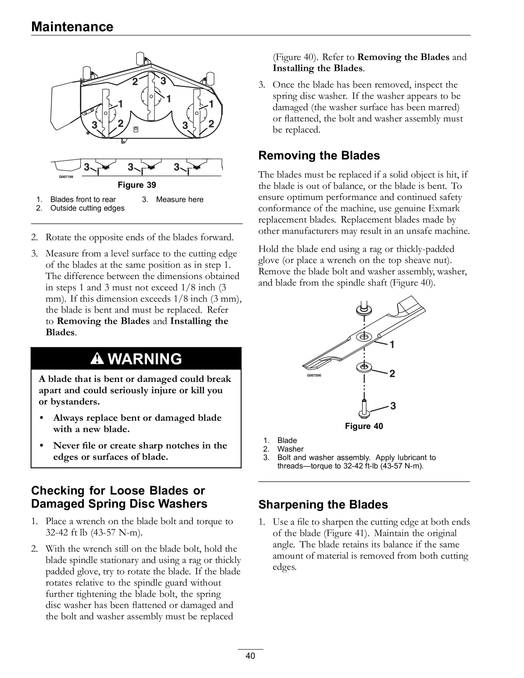 Exmark Lawn Mower manual Removing the Blades, Sharpening the Blades 