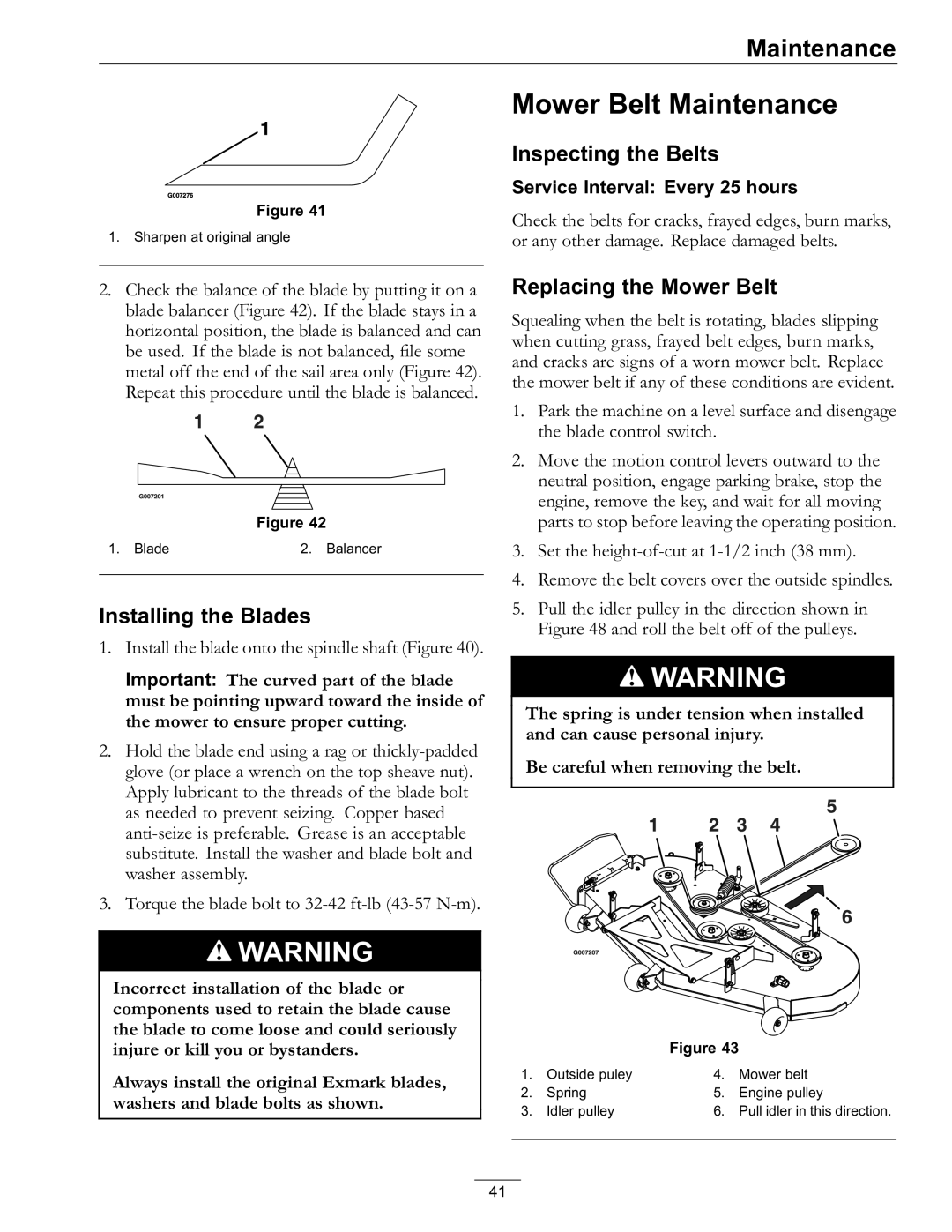 Exmark Lawn Mower manual Mower Belt Maintenance, Installing the Blades, Inspecting the Belts, Replacing the Mower Belt 