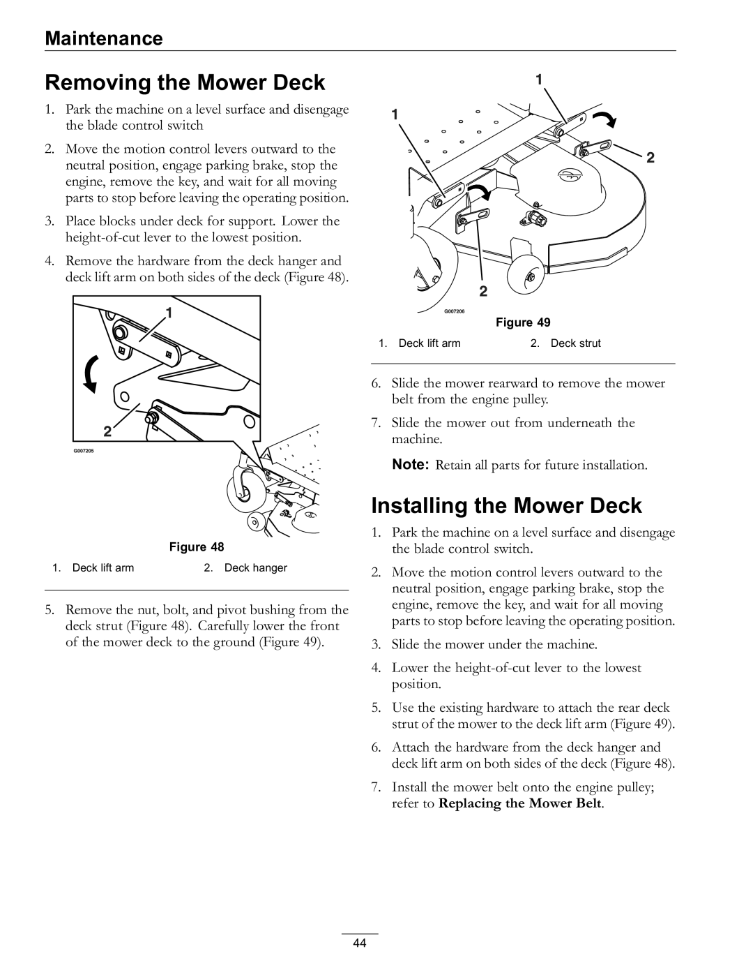Exmark Lawn Mower manual Removing the Mower Deck, Installing the Mower Deck 