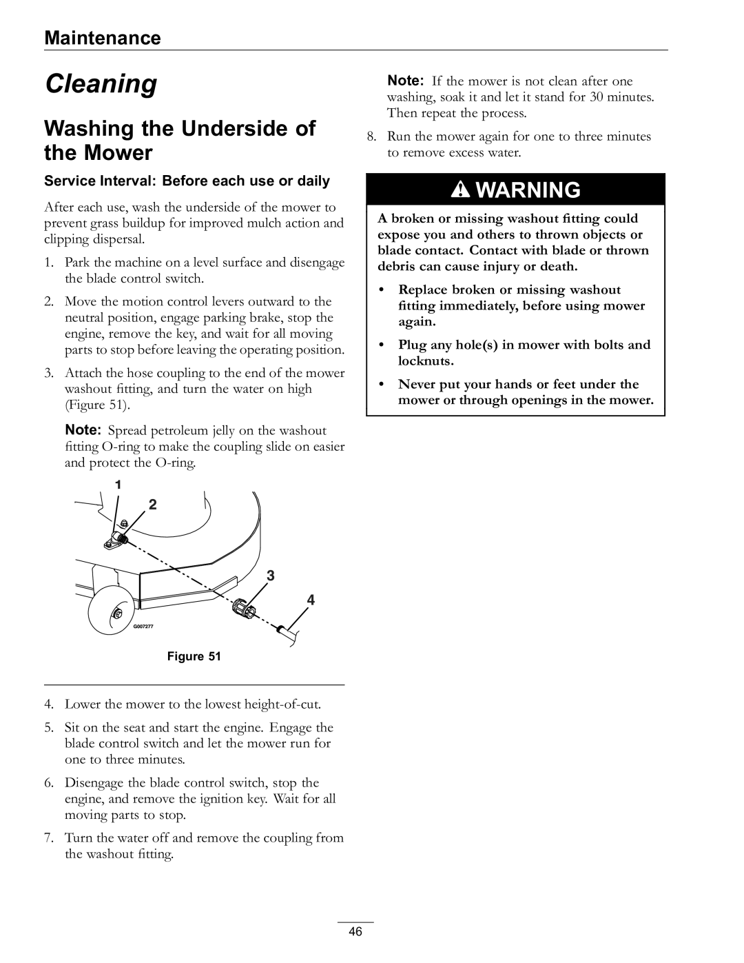 Exmark Lawn Mower manual Cleaning, Washing the Underside of the Mower 