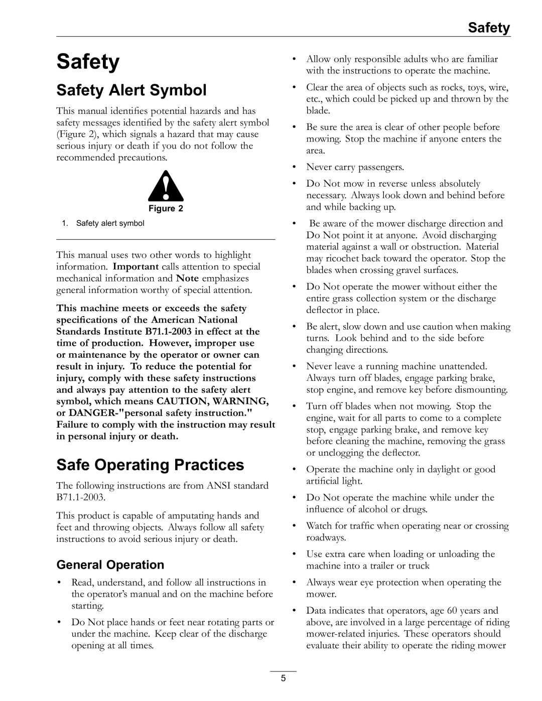 Exmark Lawn Mower manual Safety Alert Symbol, Safe Operating Practices, General Operation 