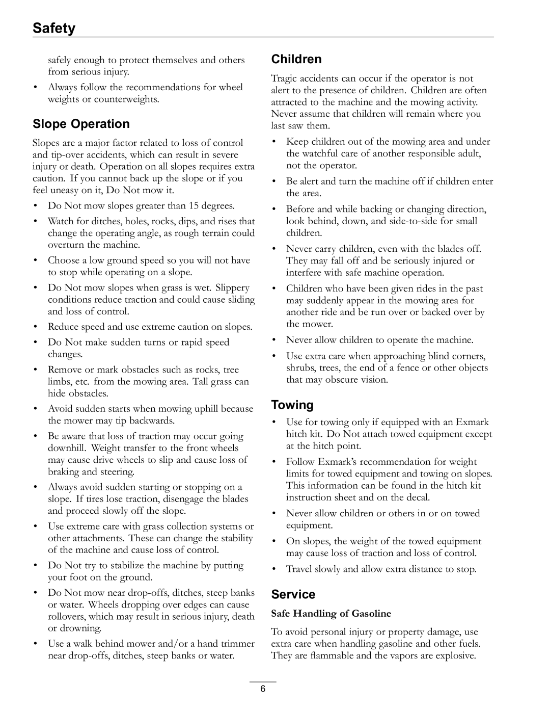 Exmark Lawn Mower manual Slope Operation, Children, Towing, Service 