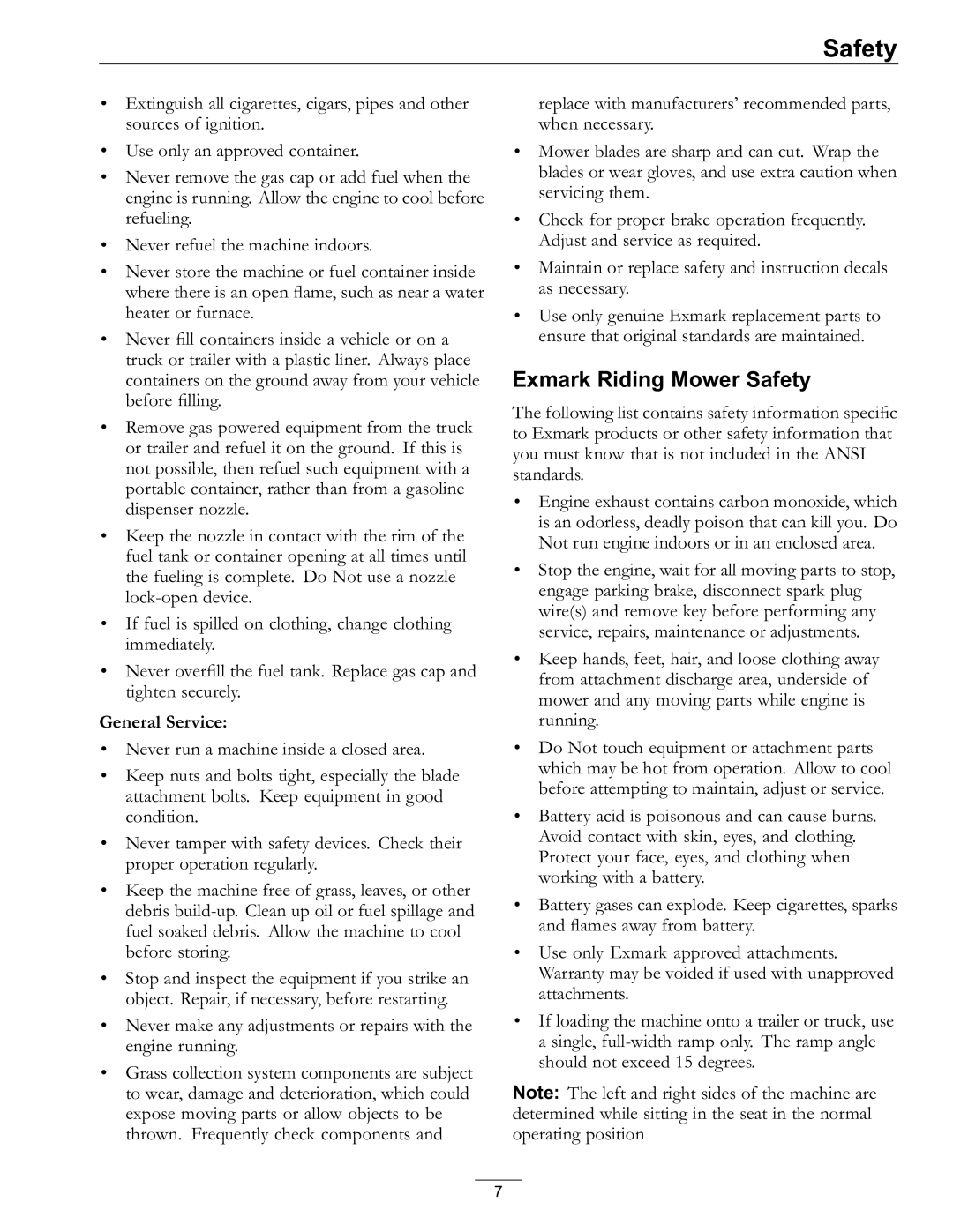 Exmark Lawn Mower manual Exmark Riding Mower Safety, General Service 