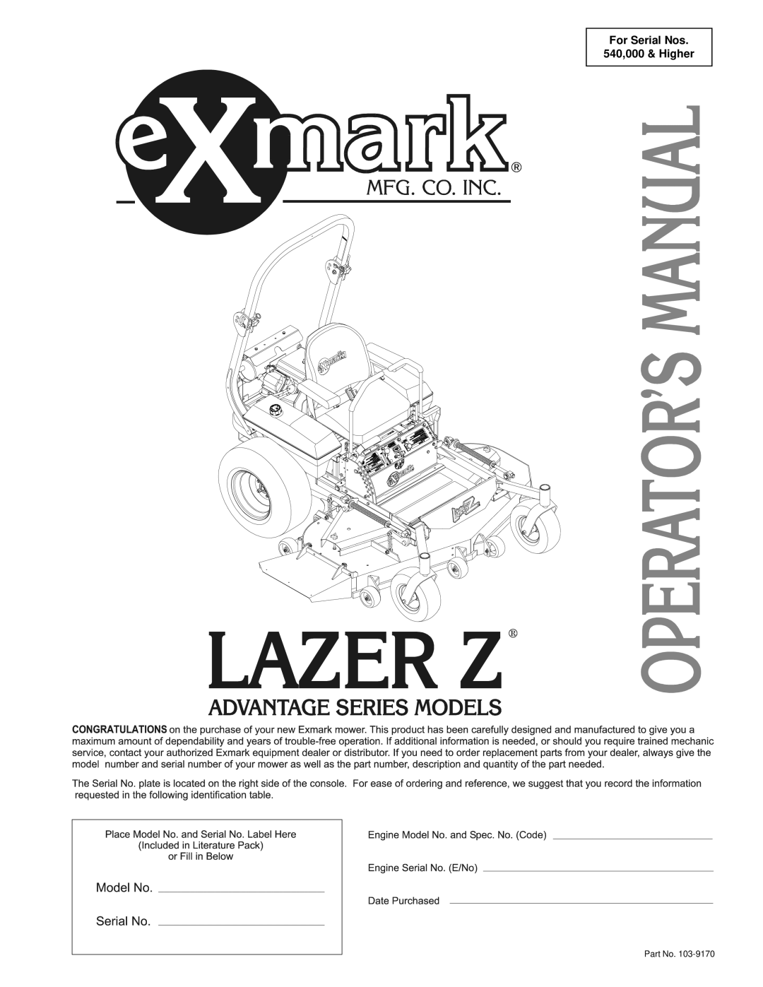 Exmark Lawn Tractor manual For Serial Nos 540,000 & Higher 