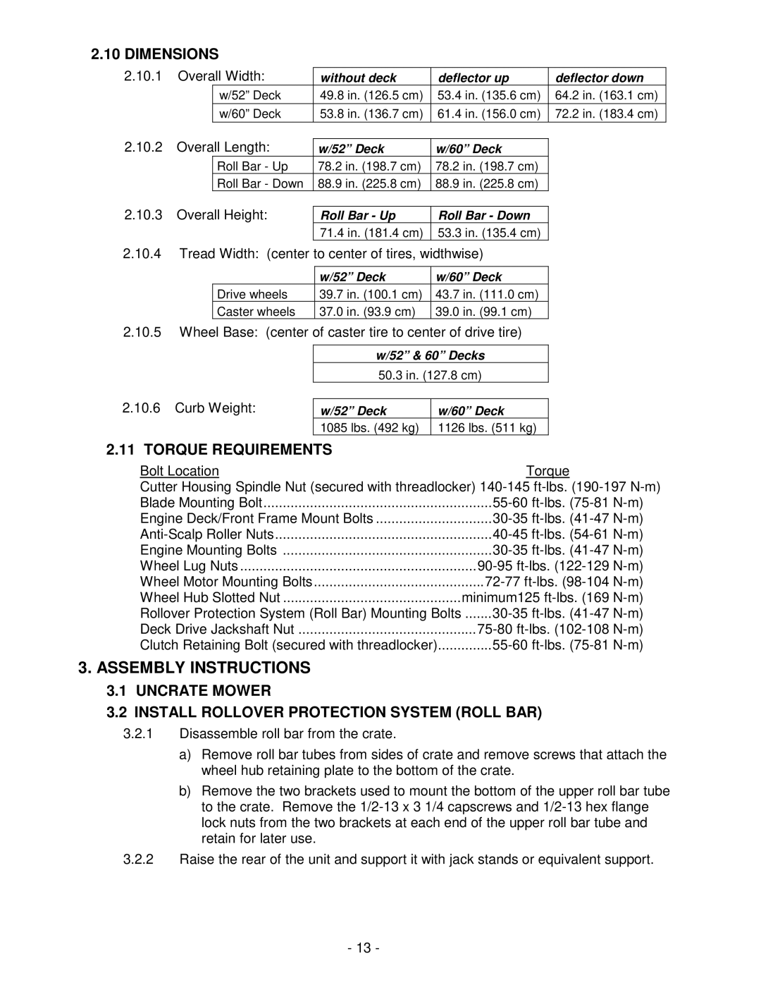 Exmark Lawn Tractor manual Dimensions, Torque Requirements, Uncrate Mower Install Rollover Protection System Roll BAR 