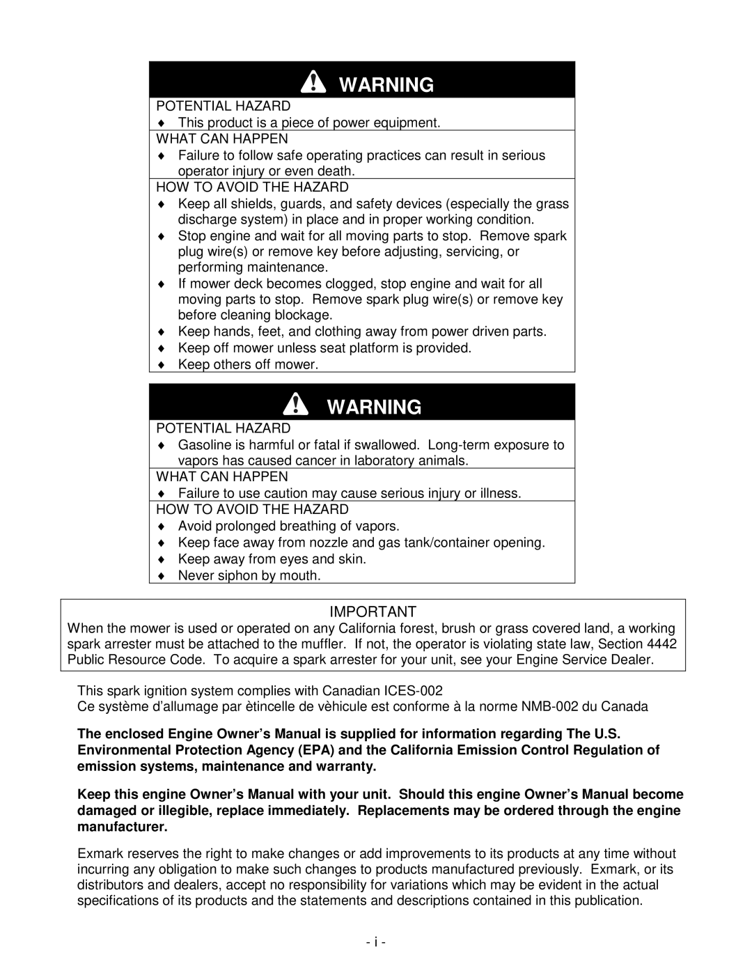 Exmark Lawn Tractor manual Potential Hazard 