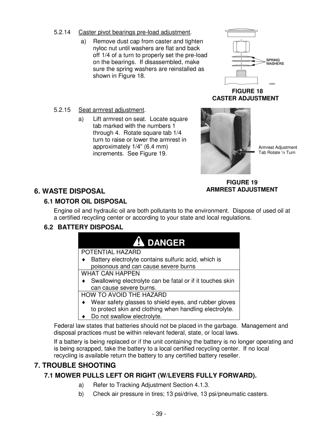 Exmark Lawn Tractor manual Motor OIL Disposal, Battery Disposal, Mower Pulls Left or Right W/LEVERS Fully Forward 