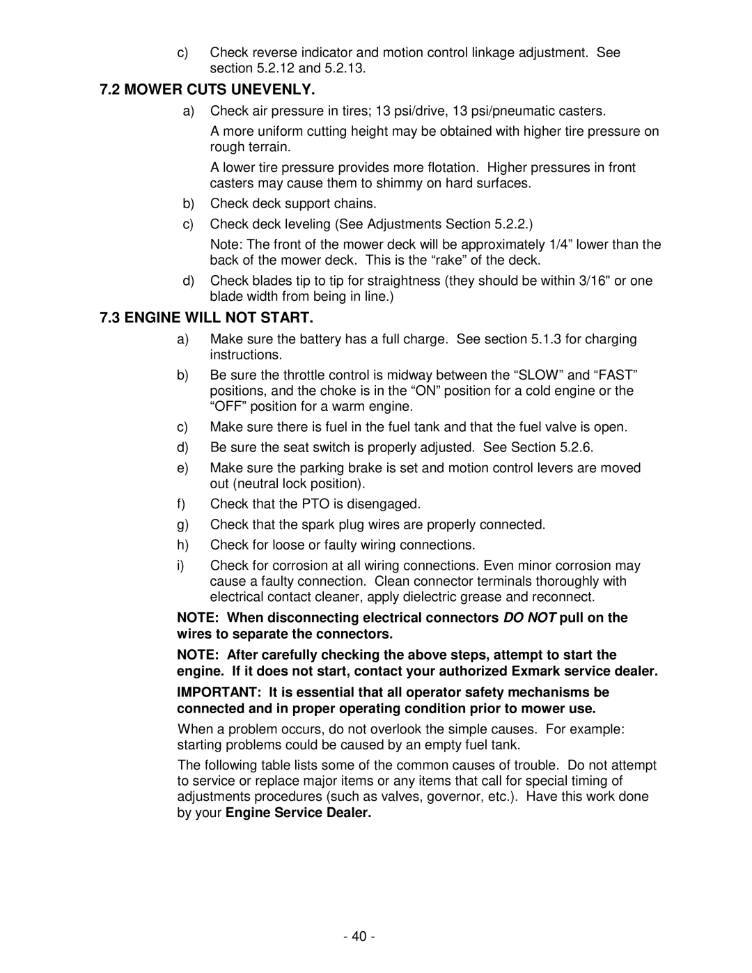 Exmark Lawn Tractor manual Mower Cuts Unevenly, Engine will not Start 