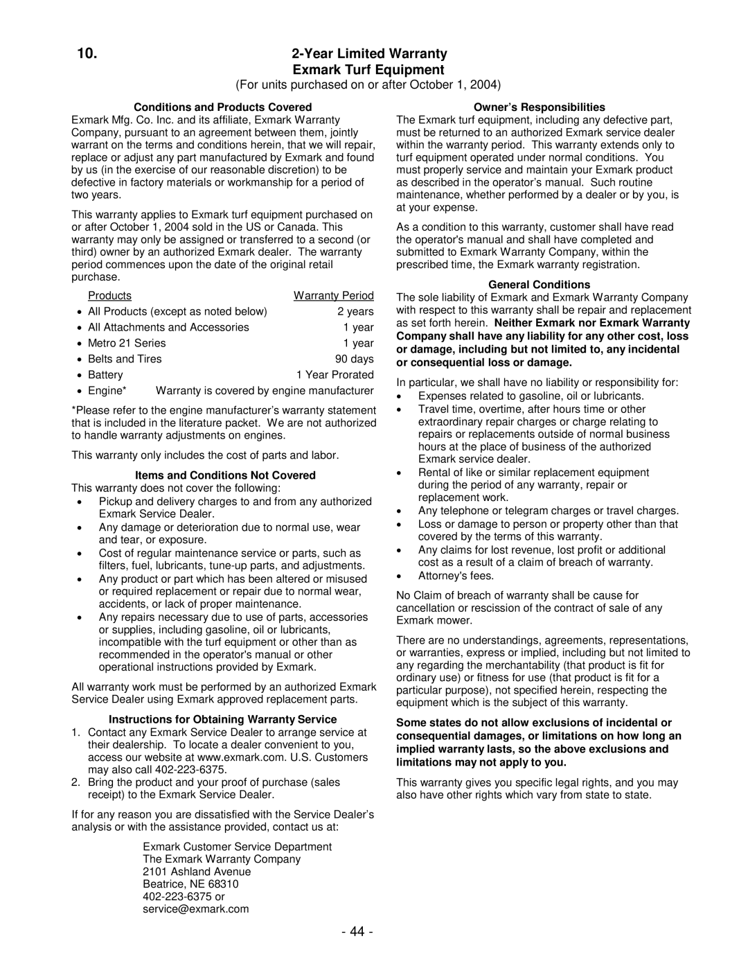 Exmark Lawn Tractor manual Year Limited Warranty 