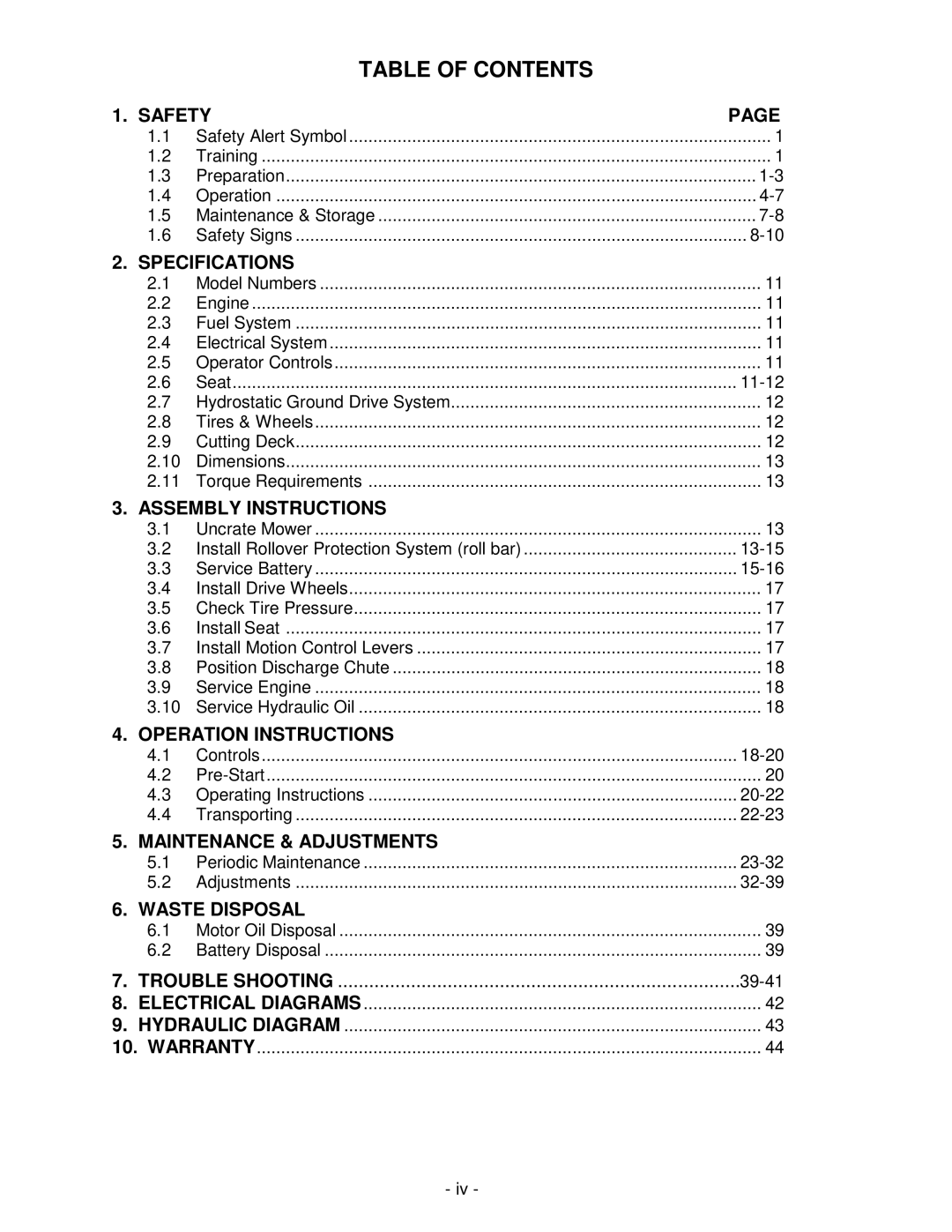 Exmark Lawn Tractor manual Table of Contents 