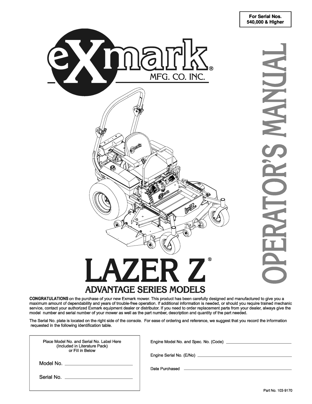 Exmark Lawn Tractor manual For Serial Nos 540,000 & Higher 