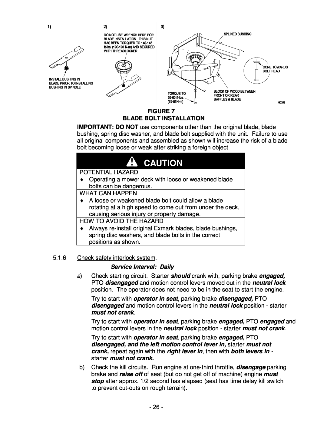 Exmark Lawn Tractor manual Blade Bolt Installation, Service Interval Daily 