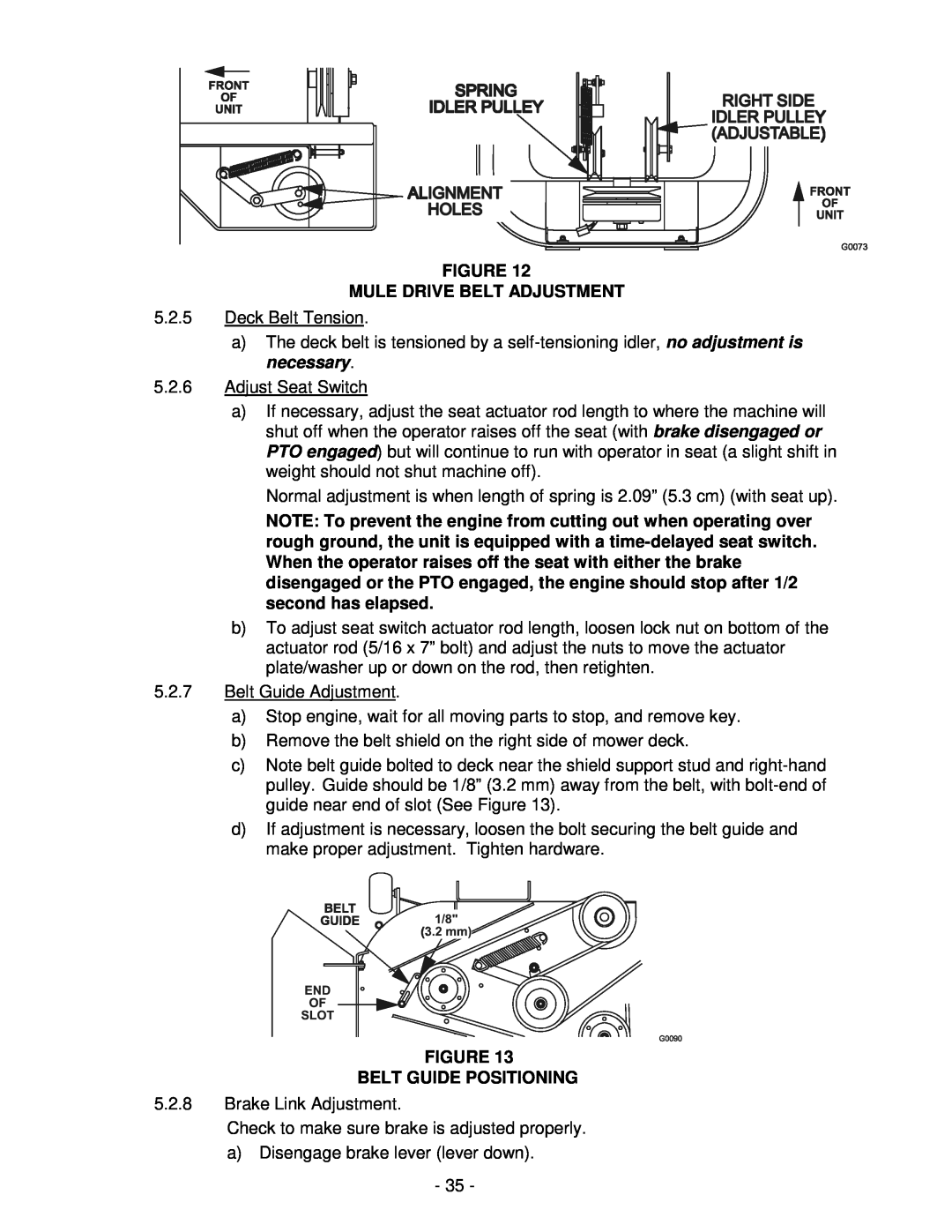 Exmark Lawn Tractor manual Mule Drive Belt Adjustment, Belt Guide Positioning 