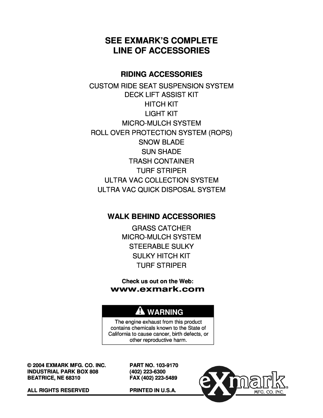 Exmark Lawn Tractor manual Riding Accessories, Walk Behind Accessories, See Exmark’S Complete Line Of Accessories 