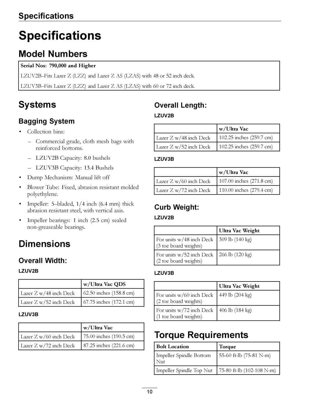 Exmark LAZER AS manual Specifications, Model Numbers, Systems, Dimensions, Torque Requirements 