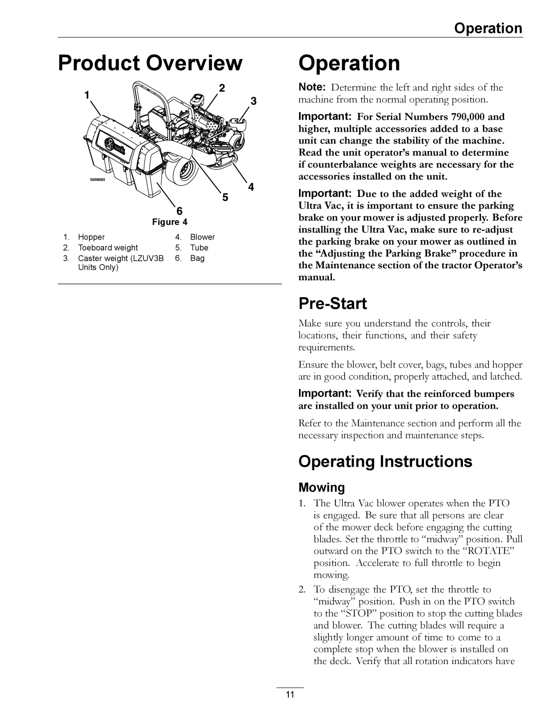 Exmark LAZER AS manual Product Overview, Operation, Pre-Start, Operating Instructions, Mowing 