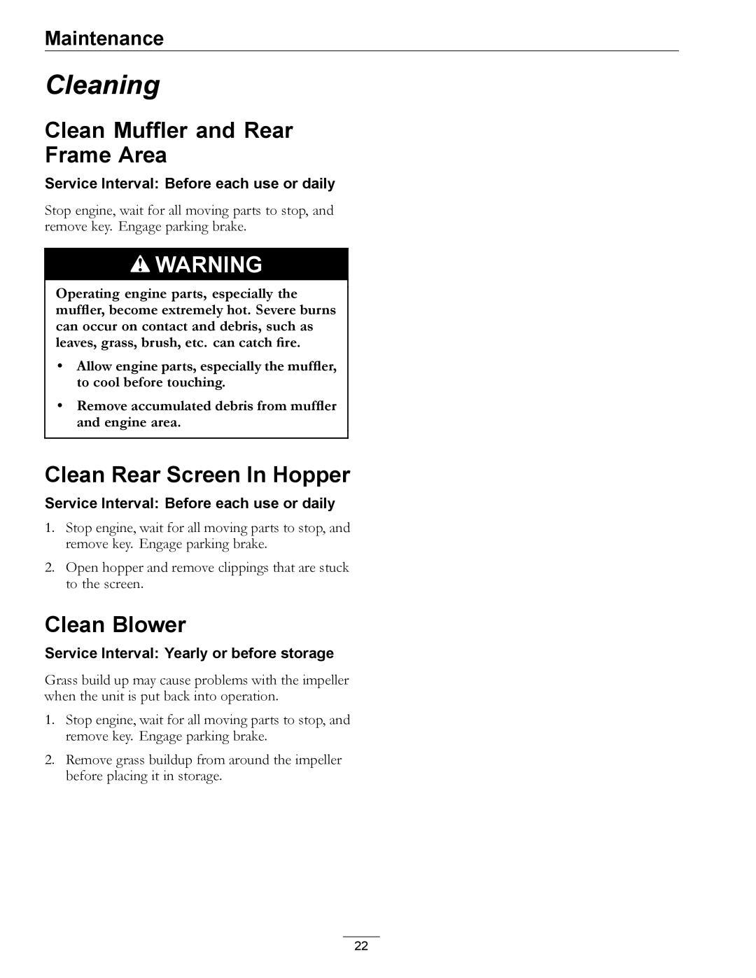 Exmark LAZER AS manual Clean Muffler and Rear Frame Area, Clean Rear Screen In Hopper, Clean Blower 