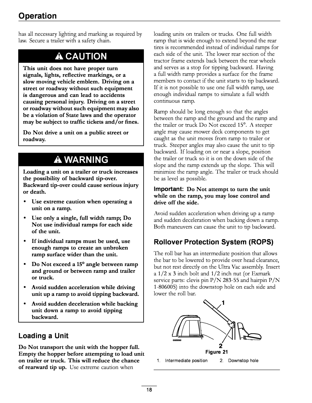 Exmark LAZER AS manual Loading a Unit, Rollover Protection System ROPS, Do Not drive a unit on a public street or roadway 