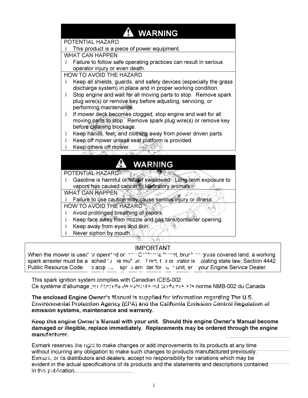 Exmark Lazer HP manual Potential Hazard 