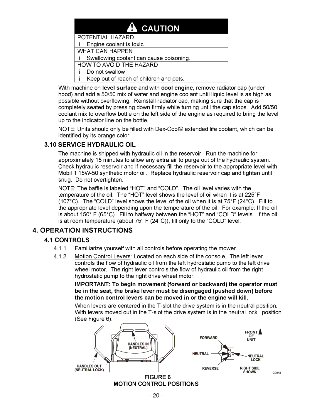 Exmark Lazer HP manual Operation Instructions, Service Hydraulic OIL, Controls, Motion Control Positions 