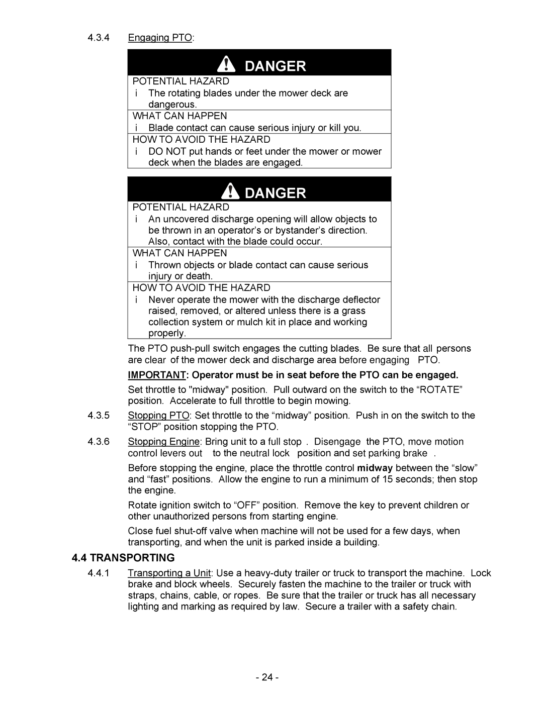 Exmark Lazer HP manual Transporting 