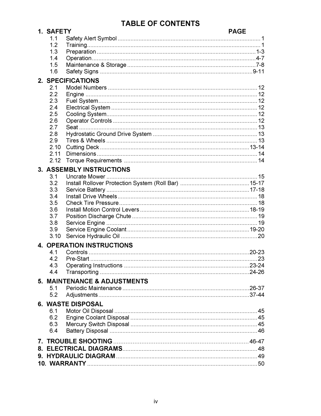 Exmark Lazer HP manual Table of Contents 