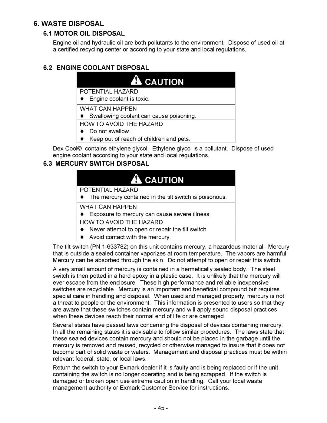 Exmark Lazer HP manual Waste Disposal, Motor OIL Disposal, Engine Coolant Disposal, Mercury Switch Disposal 