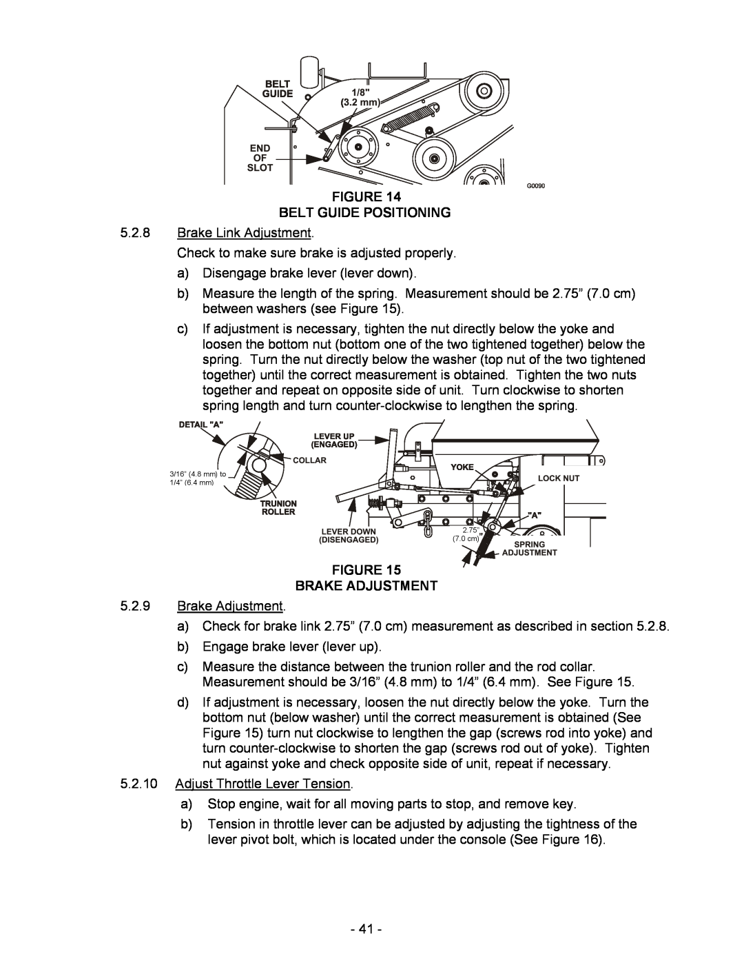 Exmark Lazer HP manual Belt Guide Positioning, Brake Adjustment, 3/16” 4.8 mm to 1/4” 6.4 mm 2.75” 7.0 cm 