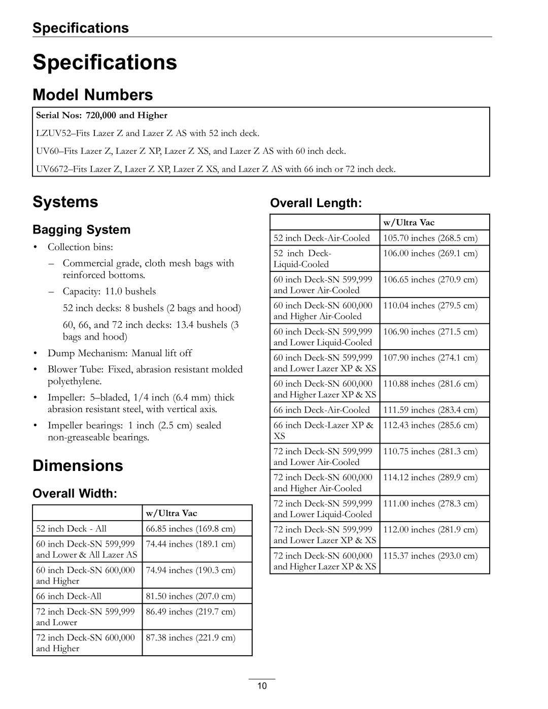 Exmark Lazer Z AS manual Specifications, Model Numbers, Systems, Dimensions 