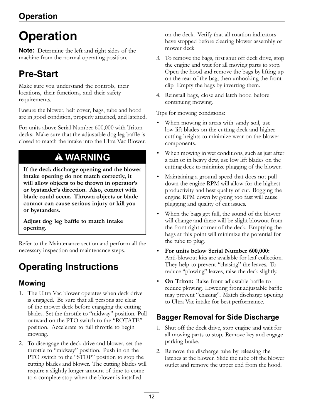 Exmark Lazer Z AS manual Operation, Pre-Start, Operating Instructions, Mowing, Bagger Removal for Side Discharge 