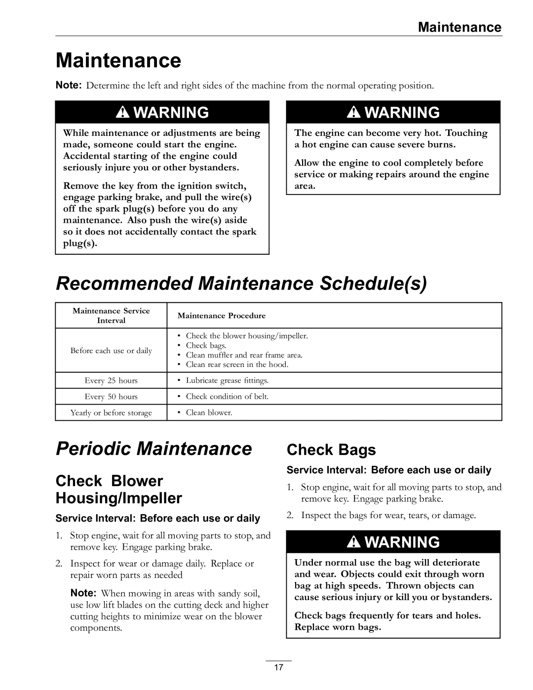 Exmark Lazer Z AS manual Maintenance, Check Blower Housing/Impeller, Check Bags 