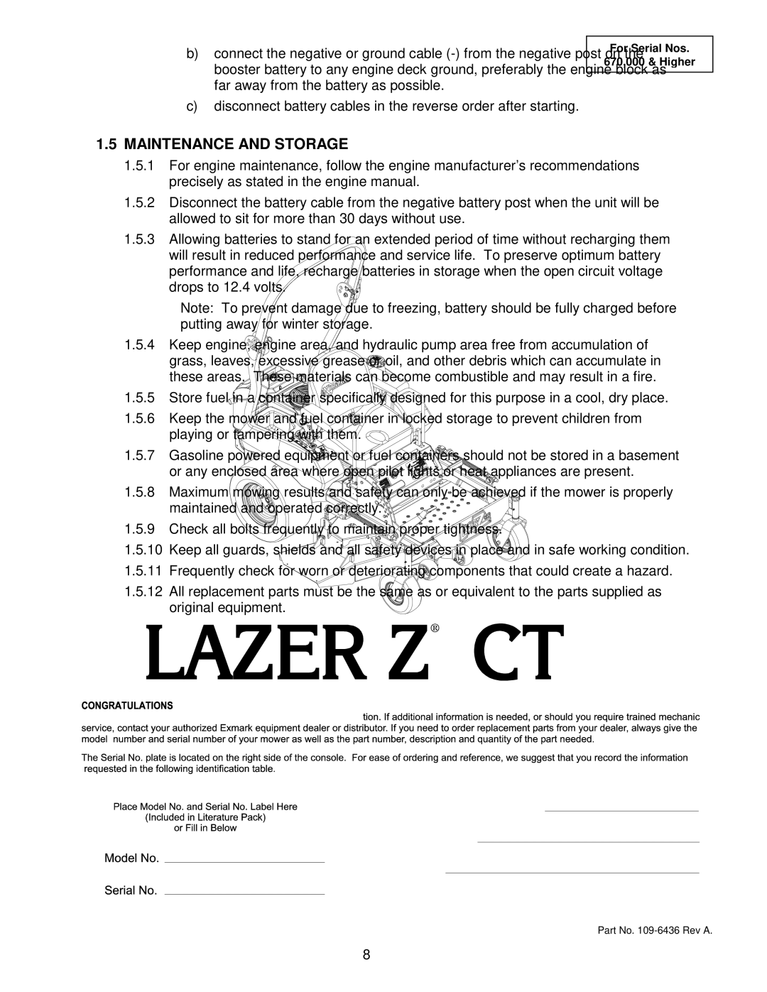 Exmark Lazer Z CT manual Maintenance and Storage 