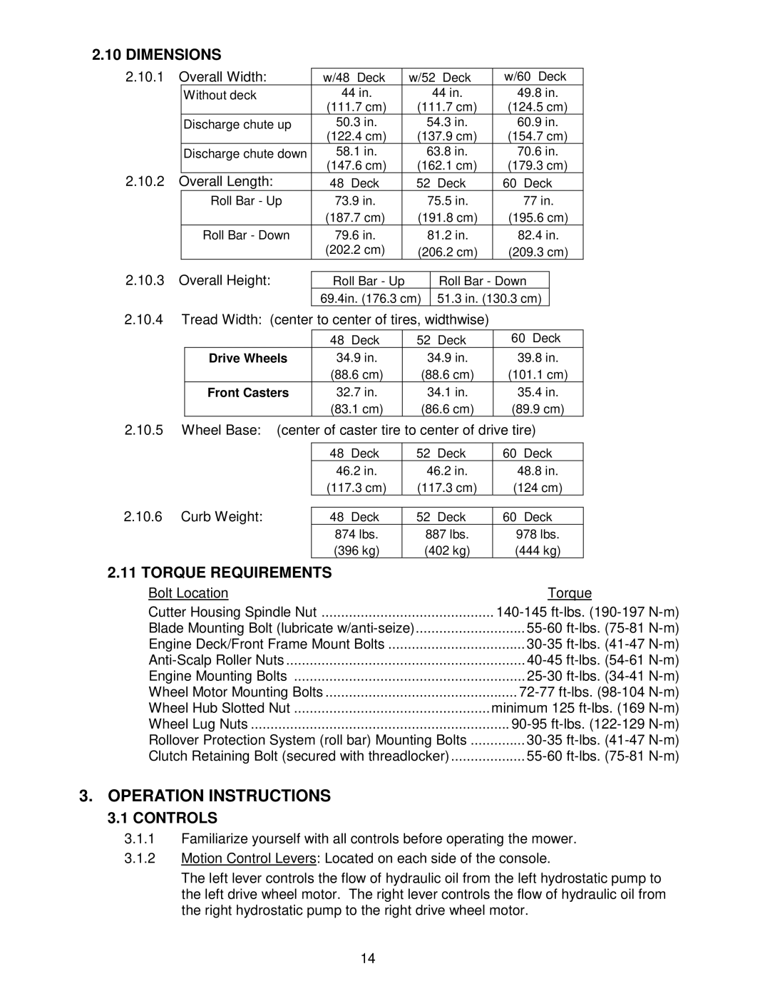 Exmark Lazer Z CT manual Operation Instructions, Dimensions, Torque Requirements, Controls 