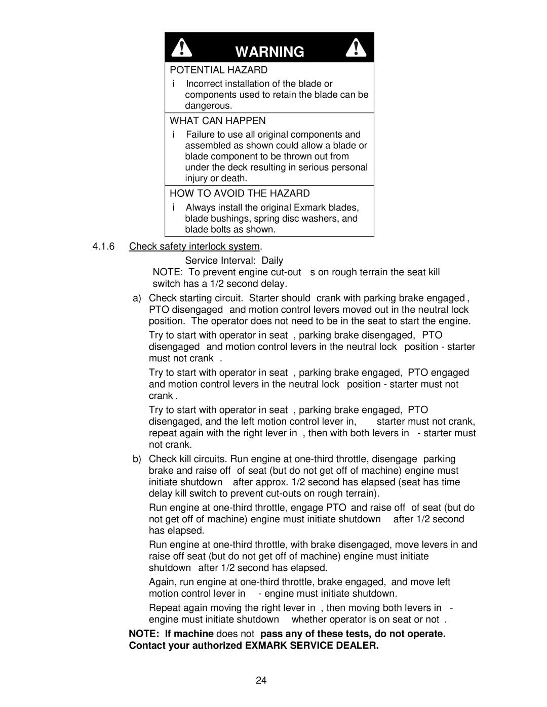 Exmark Lazer Z CT manual Check safety interlock system 