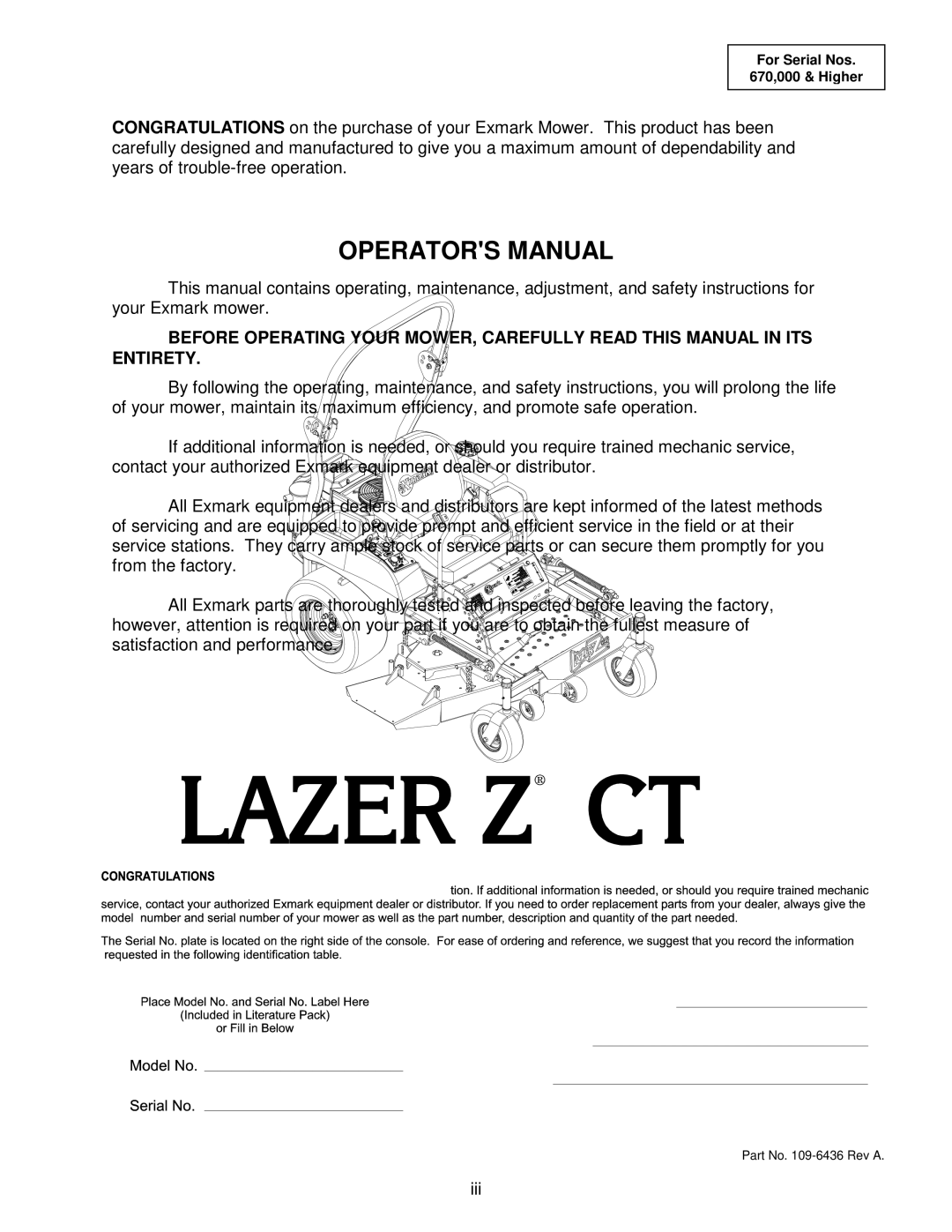 Exmark Lazer Z CT manual Operators Manual 