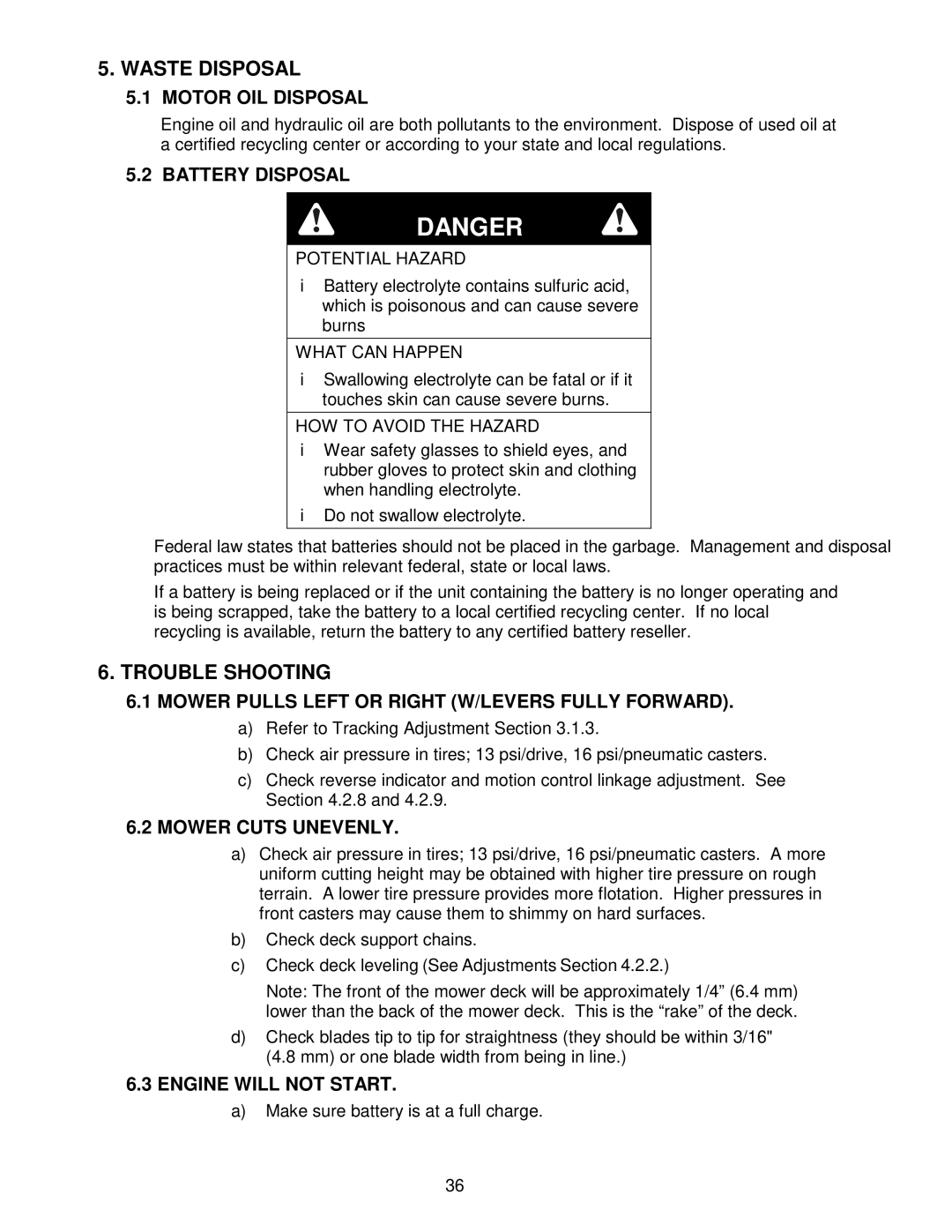 Exmark Lazer Z CT manual Waste Disposal, Trouble Shooting 